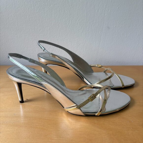 Schutz Cassie Mid Stiletto Heel Sling Back Sandal Silver & Gold Metallic - Picture 2 of 6